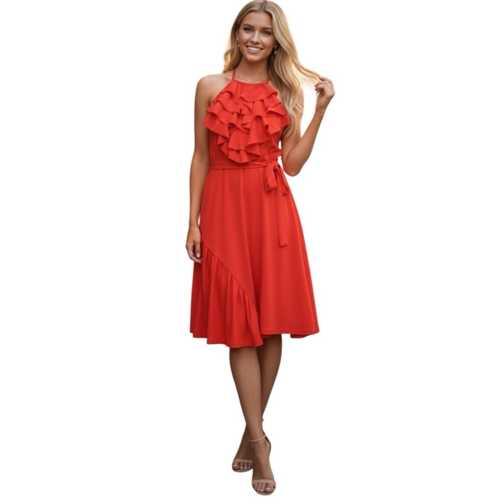 Miss Sixty Vintage Y2K Red Ruffles Halter Red Dress Flowy Midi Lightweight 4 Air